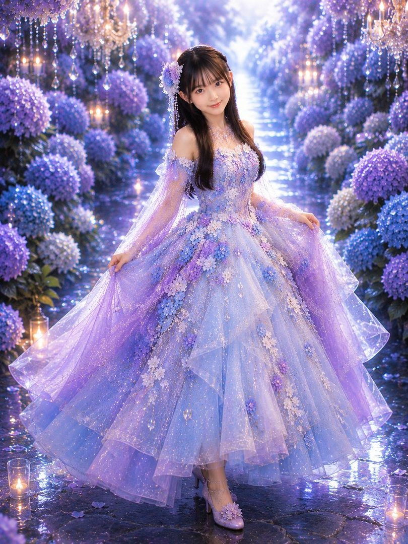 A young woman in a sparkling purple and blue ball gown stands in a magical garden path lined with hydrangeas and lit by candles.
