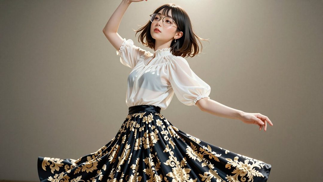 A young woman with short black hair and glasses, wearing a white blouse and a black skirt with a gold floral pattern, poses gracefully in a studio setting.