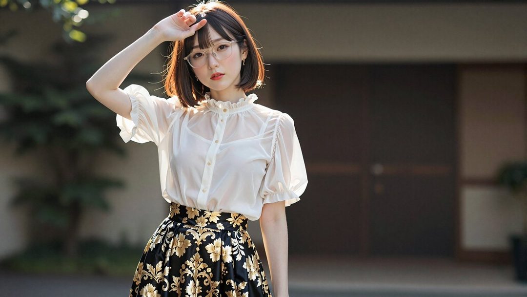 A young East Asian woman with short brown hair and glasses, wearing a white sheer blouse and a black and gold patterned skirt, poses outdoors with her hand shielding her eyes from the sun.