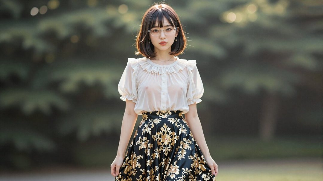 A young woman with short black hair and glasses, wearing a sheer white blouse and a patterned skirt, poses outdoors.
