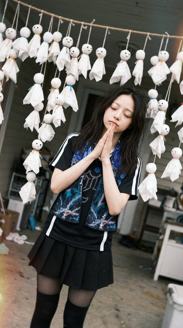 A young woman with long black hair stands with her hands clasped in prayer, wearing a black pleated skirt and a patterned t-shirt, with traditional Japanese paper dolls hanging in the background.