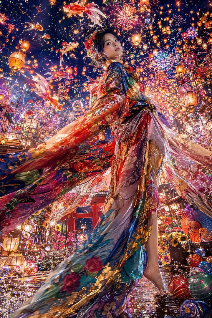 A woman in a vibrant, flowing kimono stands amidst a backdrop of colorful fireworks, lanterns, and koi fish.