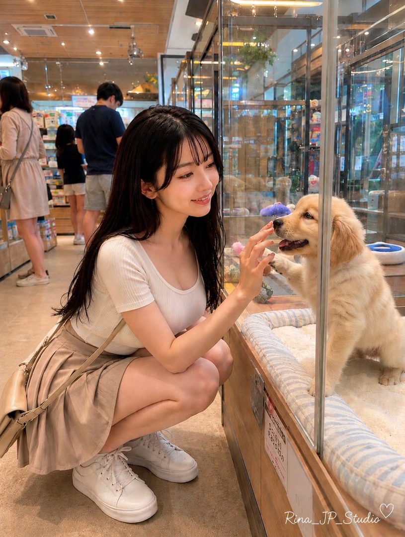 A young woman with long black hair wearing a white knit top and a beige pleated skirt crouches down to interact with a golden retriever puppy in a pet store.