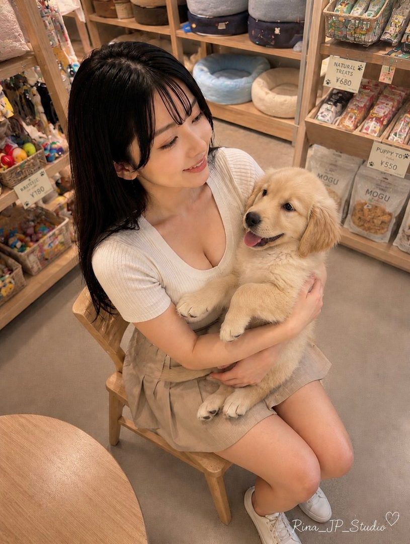 A young woman with long black hair holds a golden retriever puppy in a pet store.