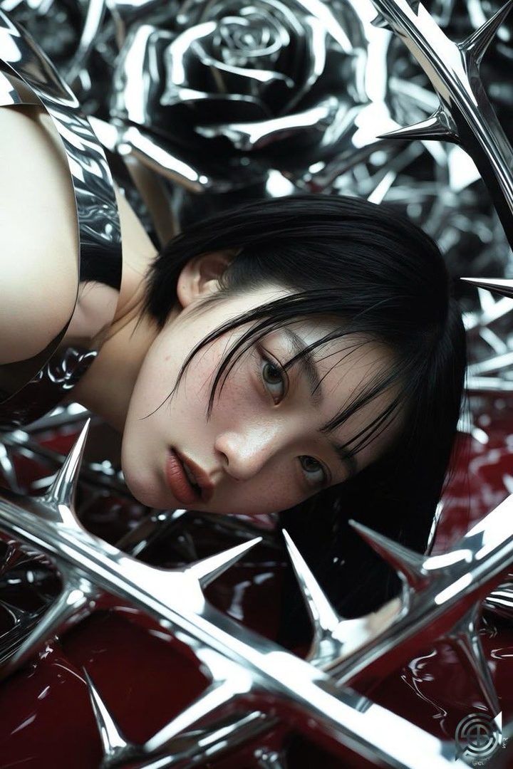 A close-up portrait of a young East Asian woman with short black hair, looking towards the camera, surrounded by metallic rose petals and thorns.