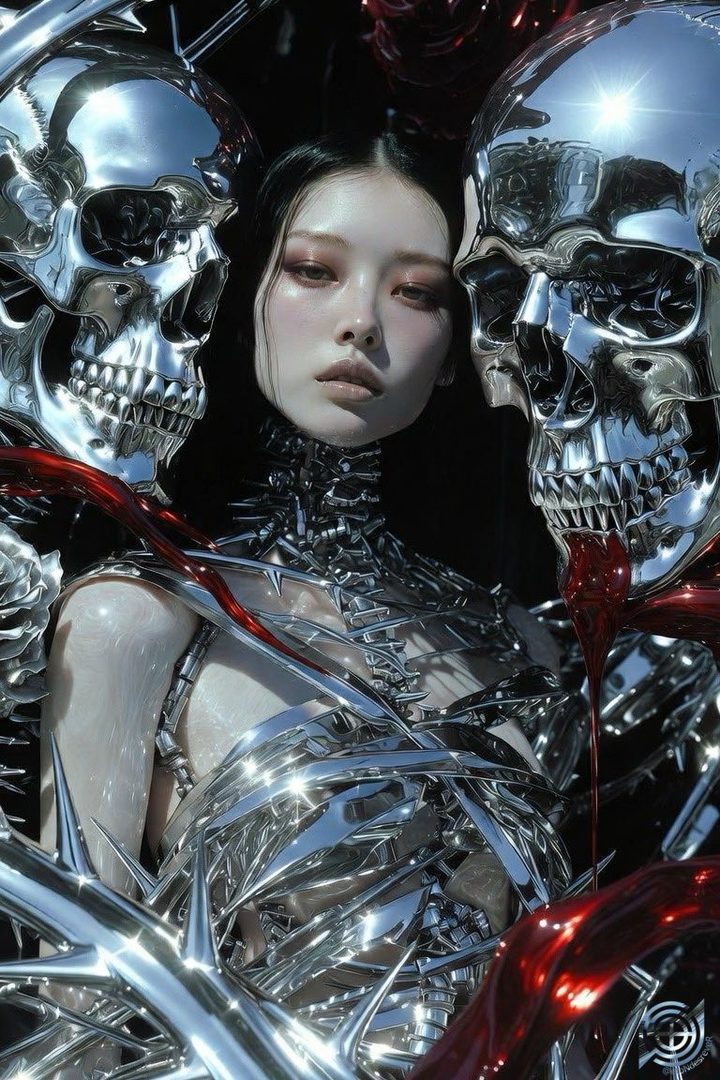 A striking AI-generated portrait of an East Asian woman with long black hair, adorned in intricate metallic armor and surrounded by chrome skulls, with a dark, gothic aesthetic.