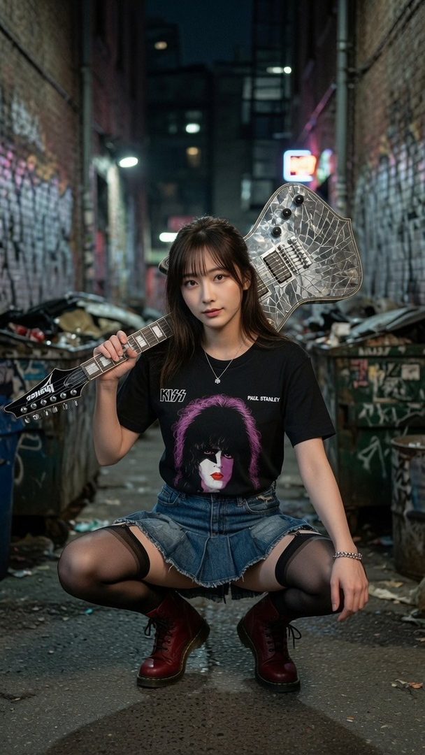 A young woman with long dark hair, wearing a black KISS t-shirt and a denim skirt, crouches in a gritty urban alleyway at night, holding a guitar.
