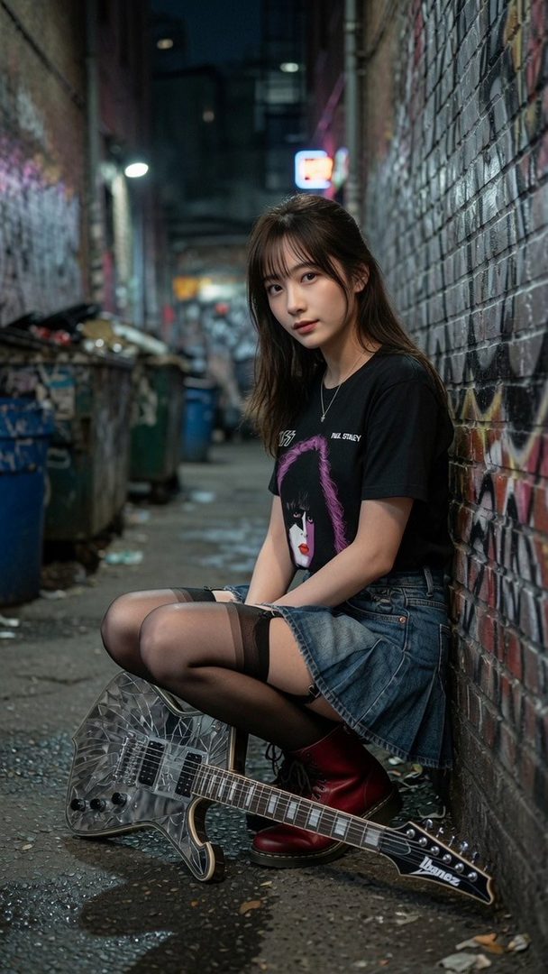 A young woman with long brown hair, wearing a black t-shirt and denim skirt, crouches in a graffiti-covered alleyway at night with a guitar.
