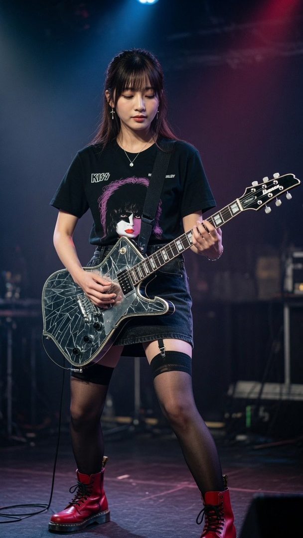 A young woman with bangs plays an electric guitar on stage, wearing a black t-shirt and a denim skirt with thigh-high stockings.