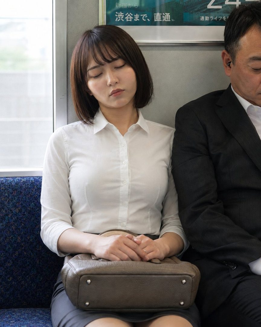 A young woman with short black hair and bangs, wearing a white blouse and grey skirt, sleeps on a train next to a man in a suit.