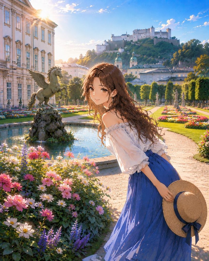 A young woman with long brown hair, wearing an off-the-shoulder white blouse and a blue skirt, holds a straw hat and smiles in a beautiful European garden with a fountain and a castle in the background.