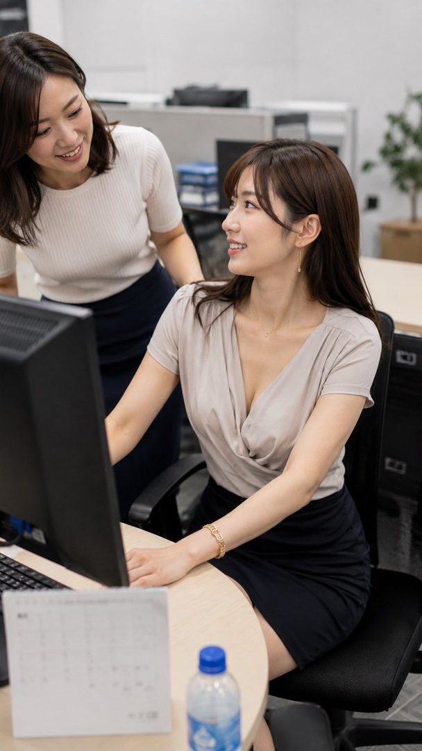 Two young East Asian women in office attire smiling at each other while working at a computer in a modern office setting.