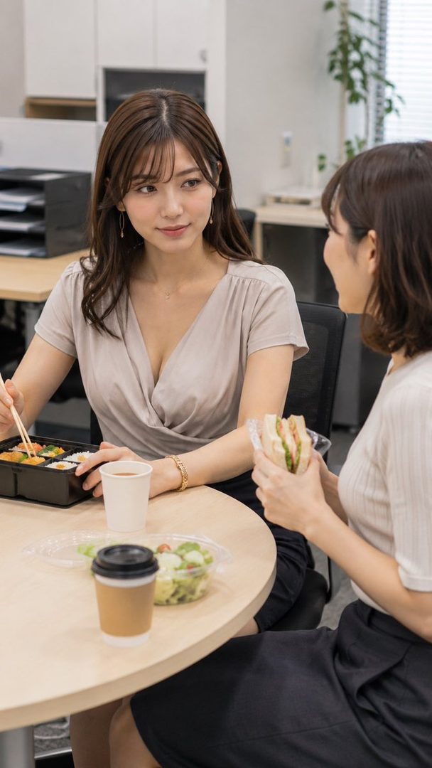 Two young East Asian women in office attire having lunch at a round table, one eating a bento box and the other a sandwich.