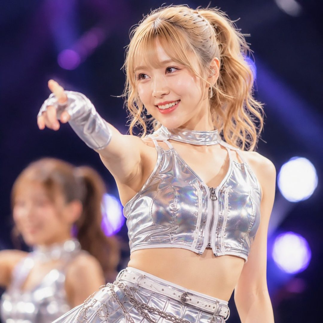 A young woman with blonde hair in a ponytail, wearing a silver crop top and skirt, performs on stage with another performer in the background.