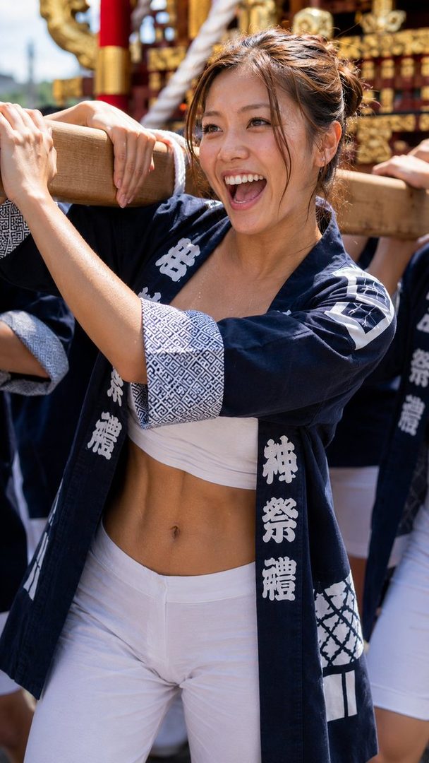 A smiling Japanese woman with her hair in a bun, wearing a traditional happi coat over a white crop top and white pants, participates in a festival.