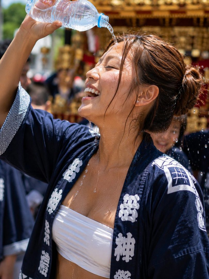 A young woman pours water over her head while laughing, wearing a traditional Japanese happi coat over a white bandeau top.