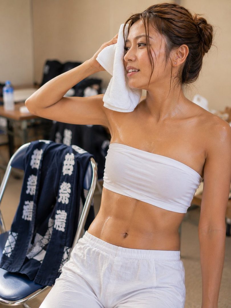 A young East Asian woman with her hair in a bun, wiping her forehead with a towel, wearing a white tube top and white pants, showing off her abs.