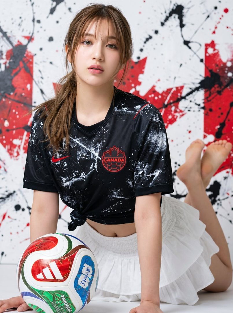 A young woman with brown hair in a ponytail, wearing a black Canada soccer jersey and a white skirt, poses with a soccer ball in a studio setting with a Canadian flag-themed backdrop.
