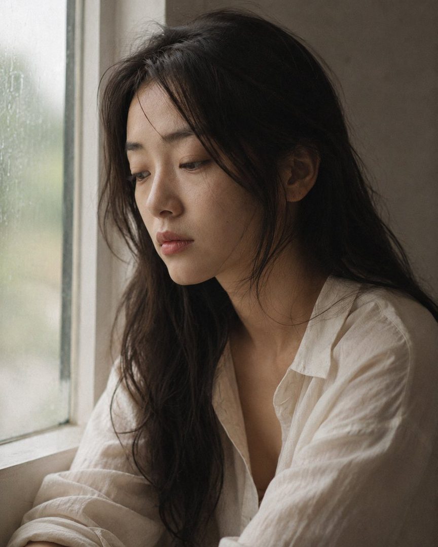 A close-up portrait of a young Japanese woman with long dark hair, looking thoughtfully out a window on an overcast day, wearing a cream linen shirt.