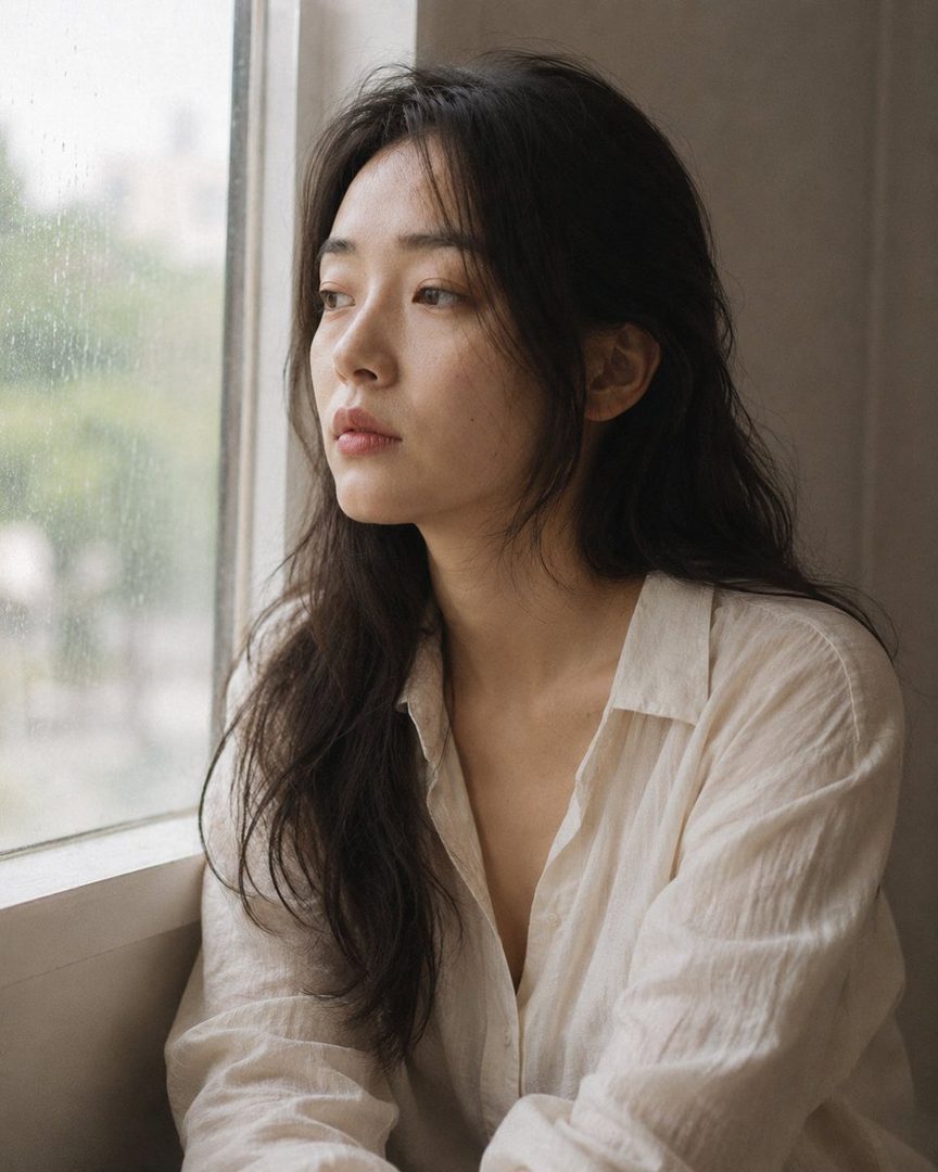 A contemplative portrait of a young Japanese woman with long dark hair, wearing a cream linen shirt, looking out a window on an overcast day.