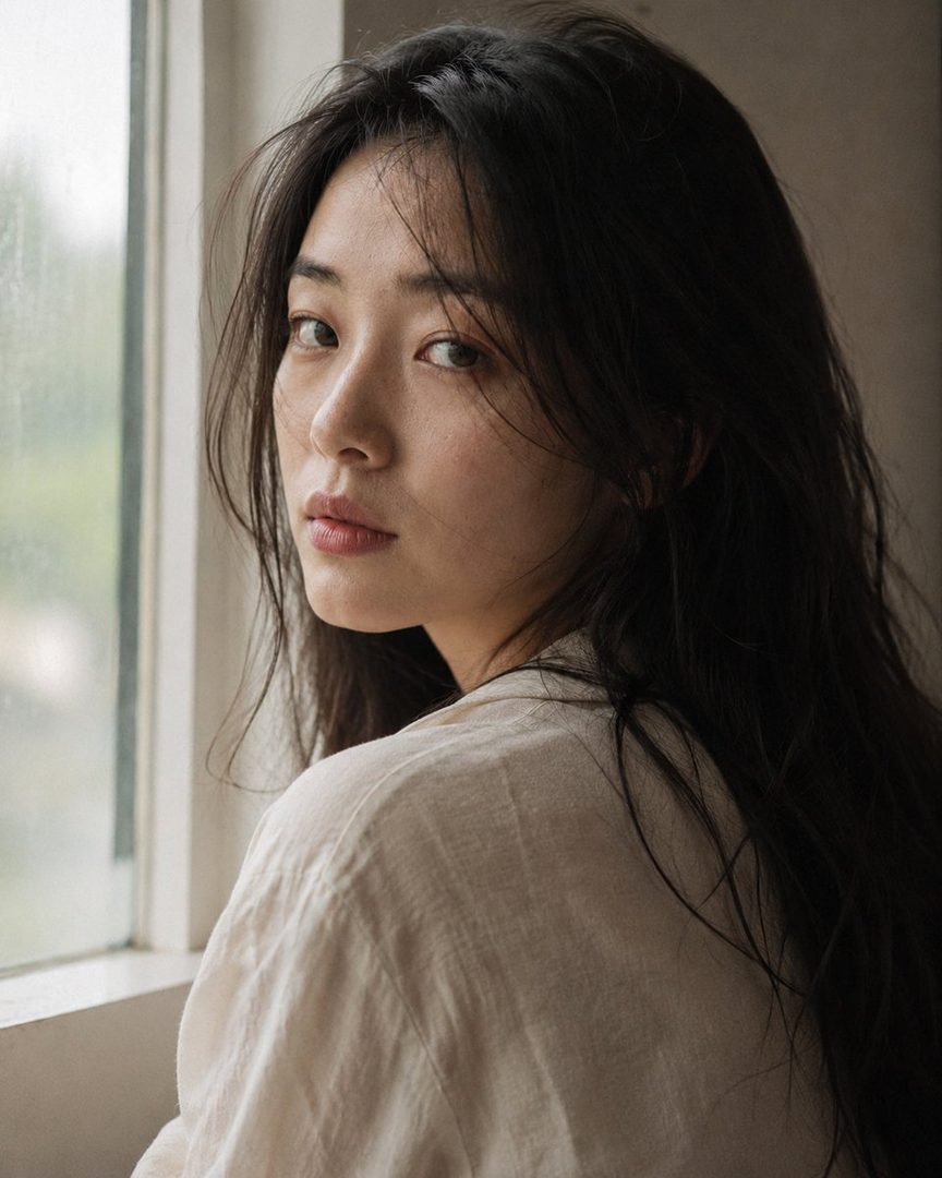 A close-up portrait of a young Japanese woman with long, dark hair, looking over her shoulder towards a window, wearing a cream linen shirt.