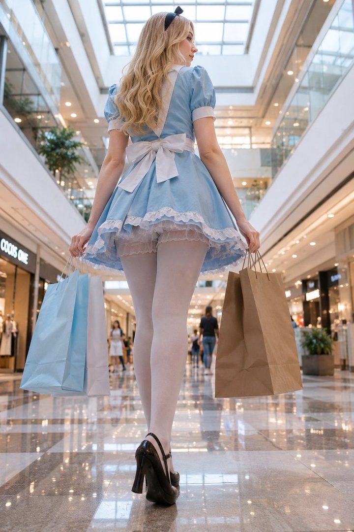 A woman dressed as Alice in Wonderland walks through a shopping mall carrying shopping bags.