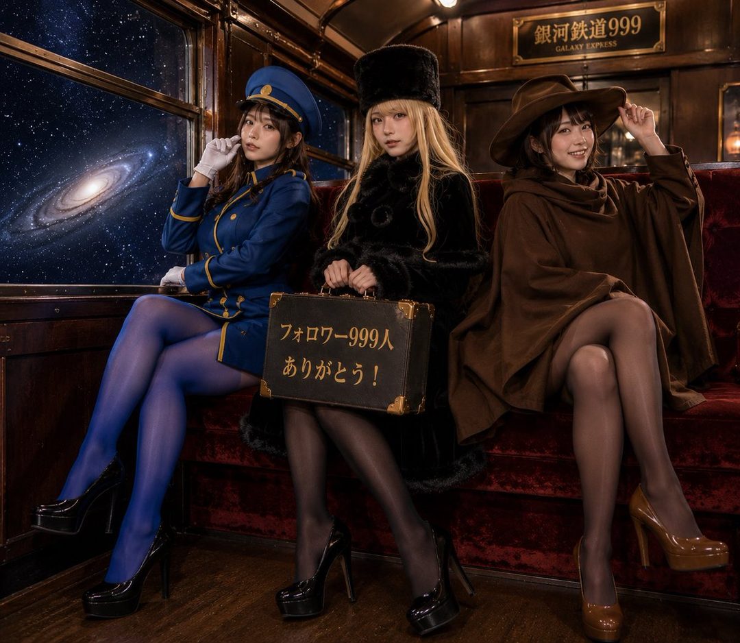 Three young women in cosplay outfits, posing inside a train carriage with a galaxy visible through the window.