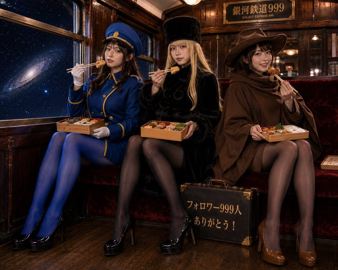 Three young women in cosplay outfits, one in a blue uniform, one in a black fur coat, and one in a brown cloak, sitting on a train and eating bento boxes, with a galaxy visible through the window.