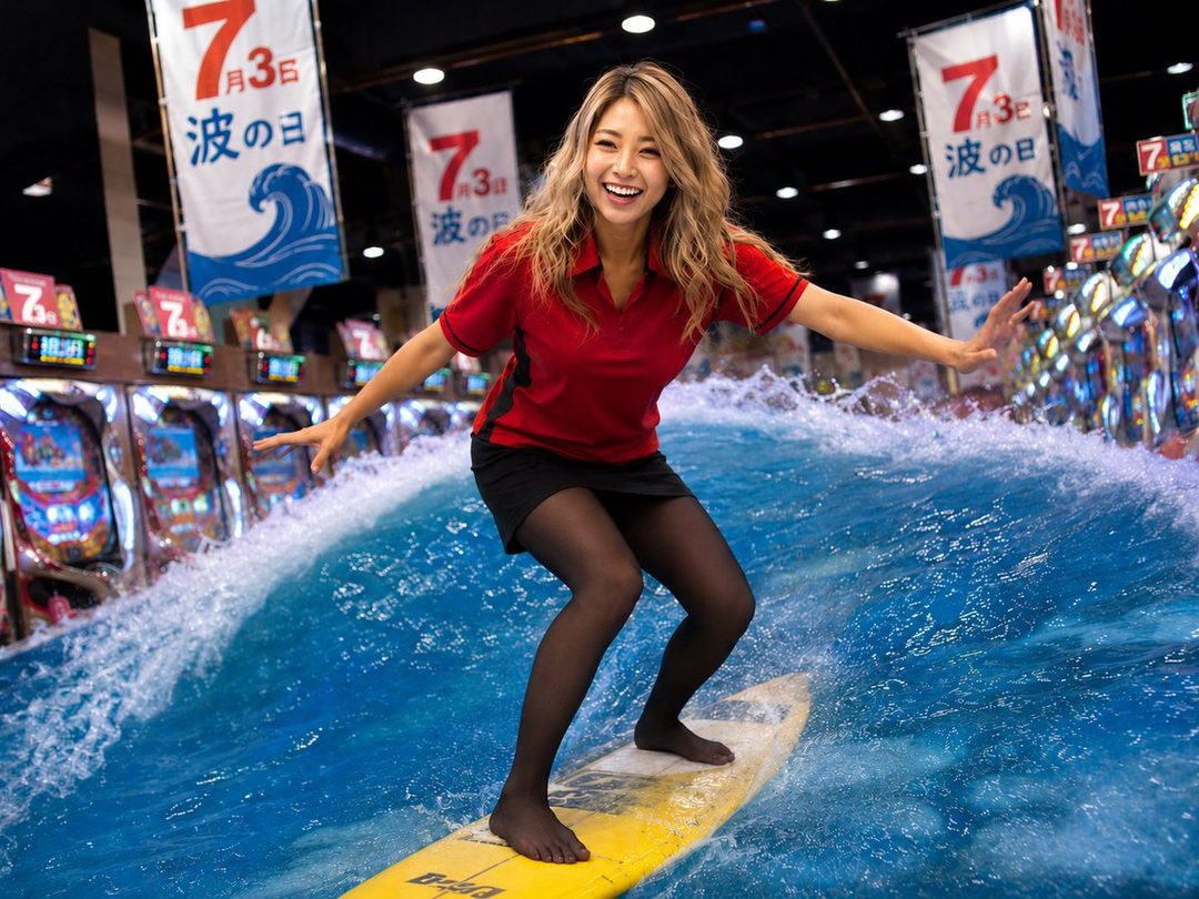 A smiling woman in a red shirt and black skirt surfs on a wave machine in front of slot machines.