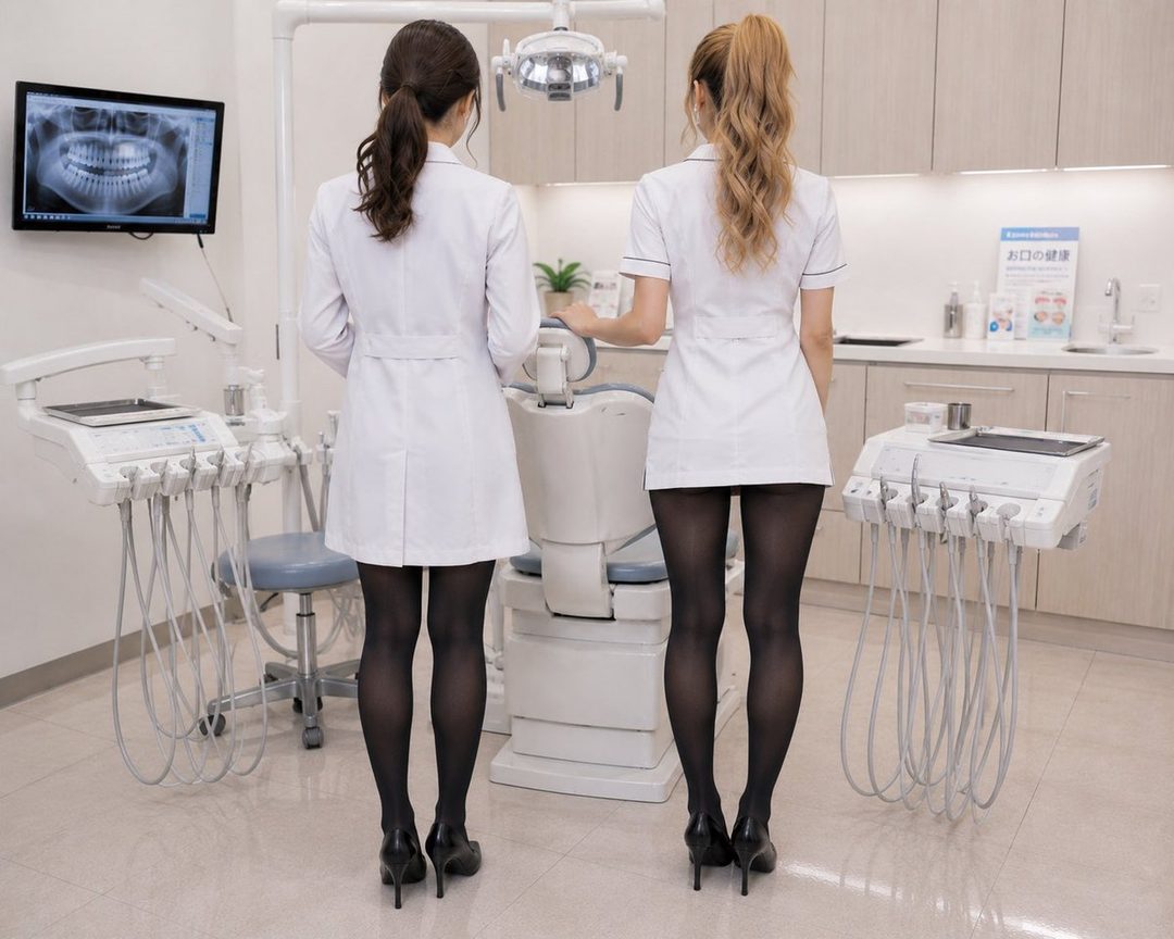 Two women in white doctor's coats and black stockings stand in a dental office, facing away from the camera.