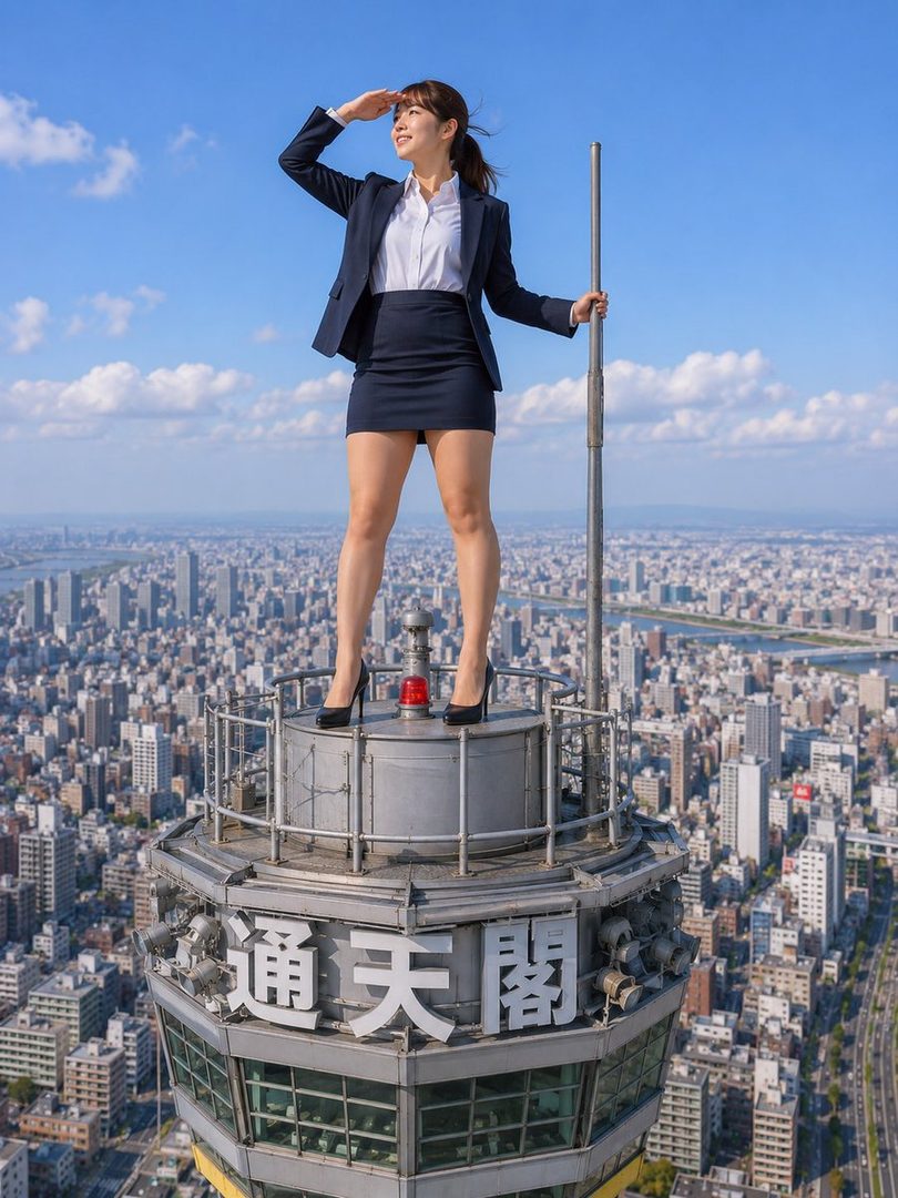 A woman in a business suit stands on top of the Tsutenkaku Tower in Osaka, looking out over the city.