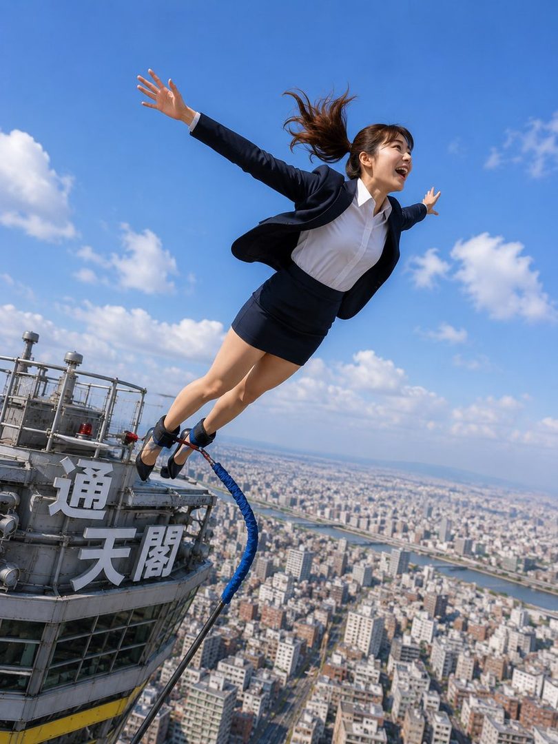 A woman in a business suit jumps off the Tsutenkaku Tower in Osaka, with the city skyline in the background.
