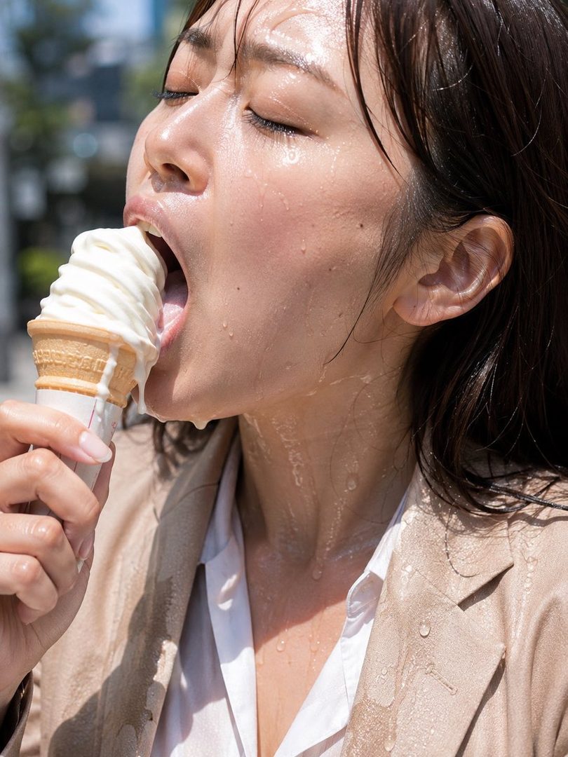 A woman in a suit jacket and white shirt, sweating heavily, eats a melting soft-serve ice cream cone outdoors on a sunny day.
