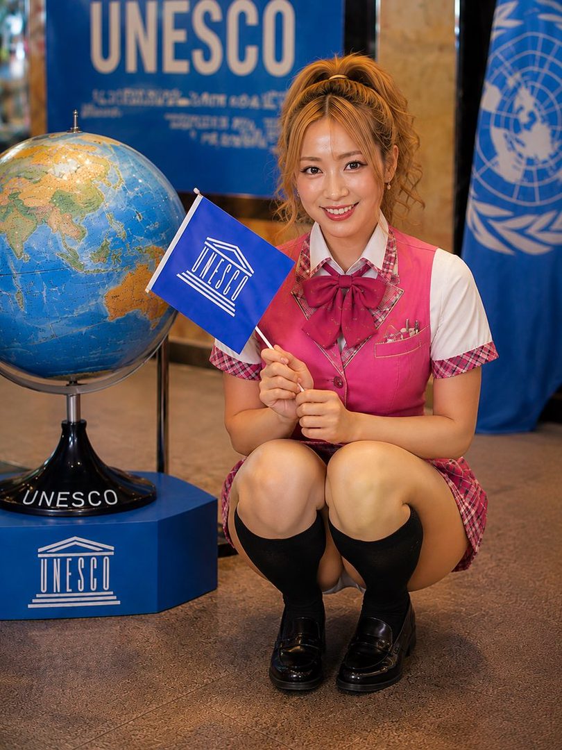 A young Japanese woman in a pink school uniform-style outfit, holding a UNESCO flag and crouching next to a globe.