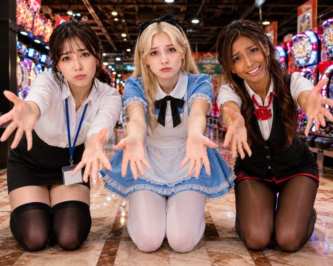 Three young women in cosplay outfits, one as Alice in Wonderland, posing with outstretched hands in front of slot machines.