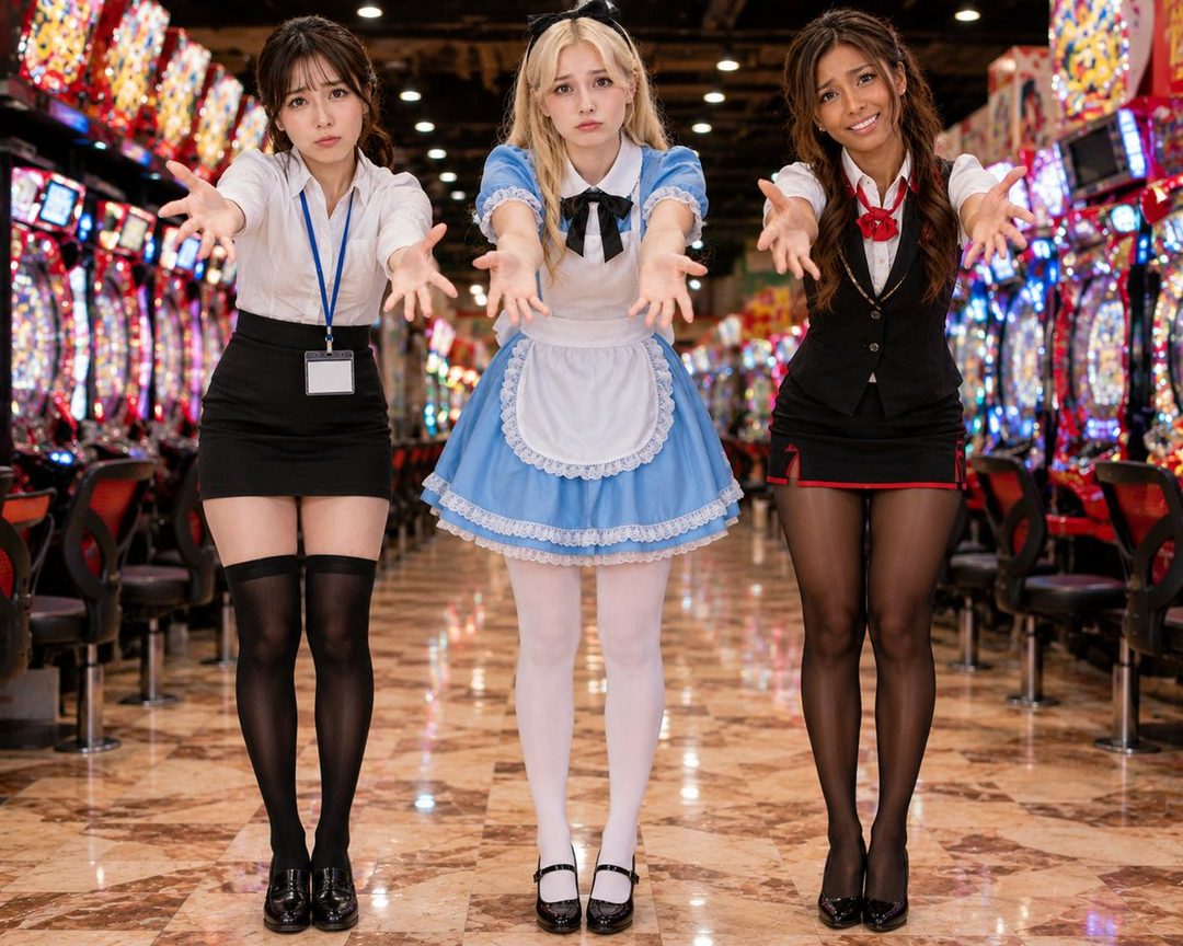 Three young women in different outfits, including a pachinko parlor employee, an office lady, and Alice from Wonderland, posing with outstretched hands in front of slot machines.