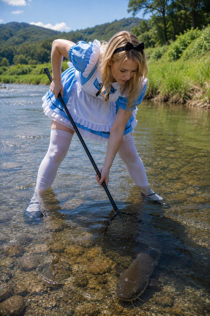 A woman dressed as Alice in Wonderland is fishing for a catfish in a shallow river.