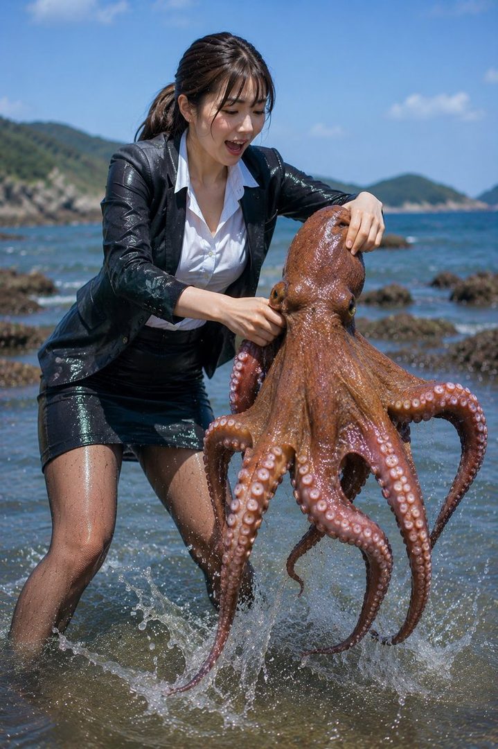 A woman in a wet suit jacket and skirt holds a large octopus on a sunny beach.