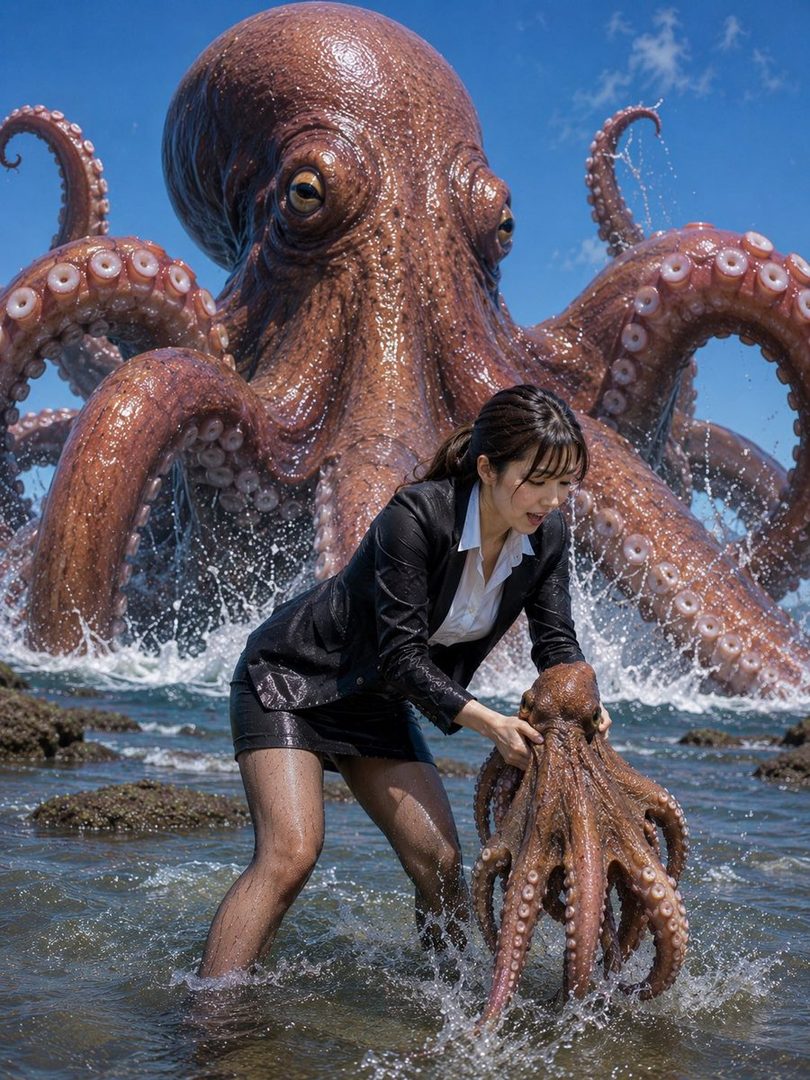 A woman in a business suit holding a small octopus in the ocean, with a giant octopus looming in the background.