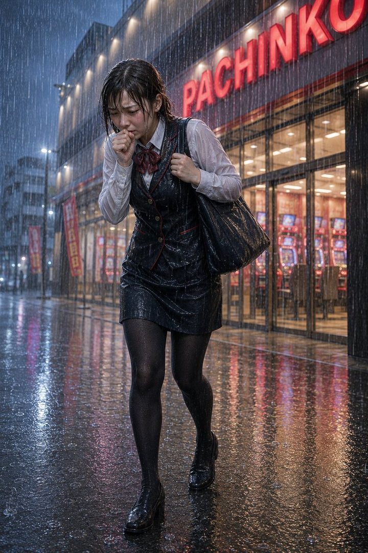 A young woman in a uniform walks in the rain in front of a pachinko parlor, looking unwell.