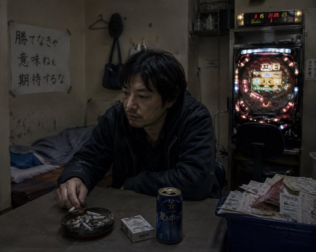A middle-aged East Asian man sits at a table in a dimly lit room, holding a cigarette and looking down. A can of beer and a pack of cigarettes are on the table, with a pachinko machine in the background.