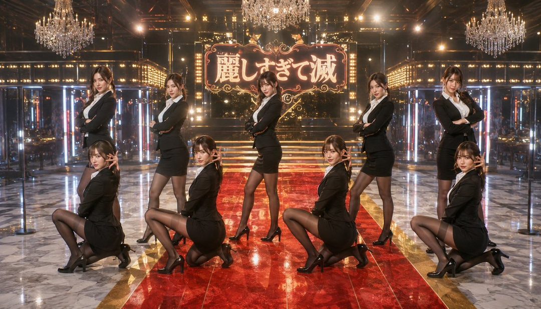 Eight AI-generated women in matching black suits and pantyhose pose on a red carpet in a glamorous indoor setting with chandeliers.