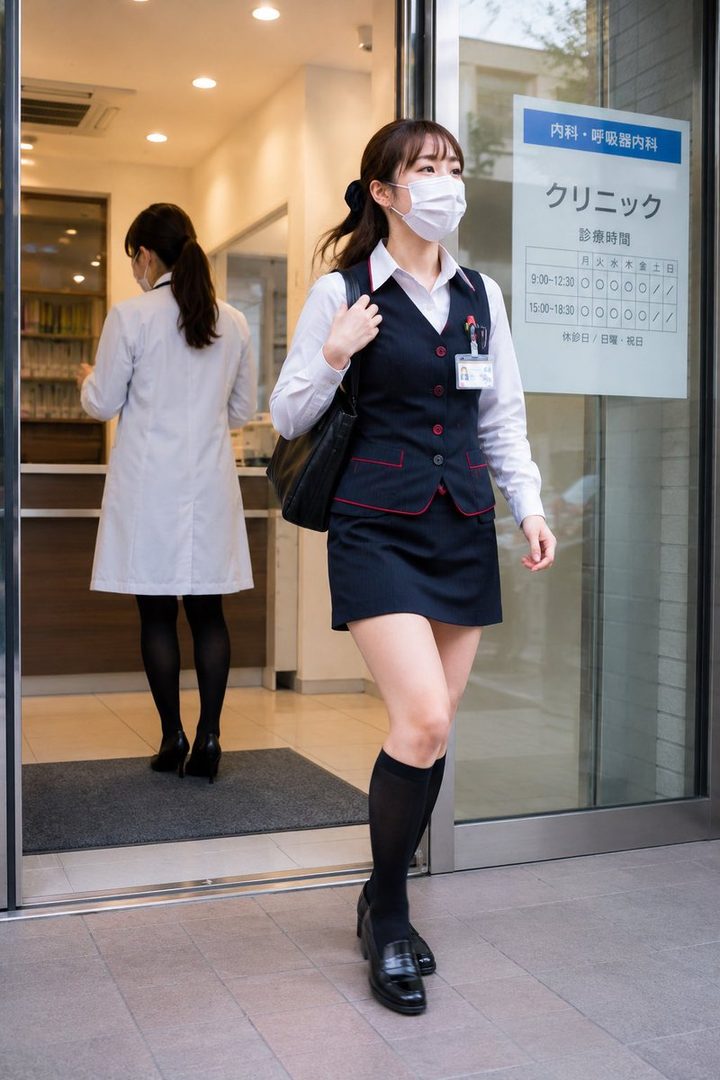 A young woman in a clinic uniform, wearing a mask, walks out of a clinic. Another woman in a lab coat is seen inside.