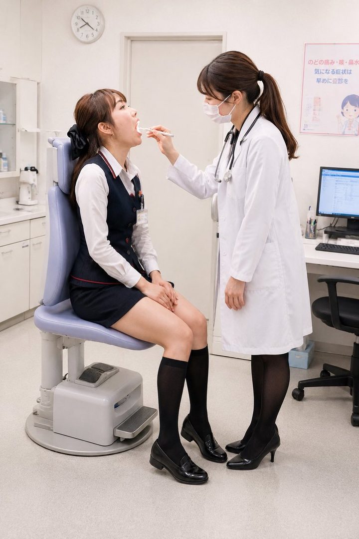A doctor in a white coat examines a patient in a uniform, checking her throat in a medical clinic.