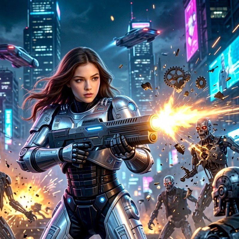 A young woman in futuristic armor wields a sci-fi weapon, engaging in a battle against robots in a neon-lit cyberpunk city at night.
