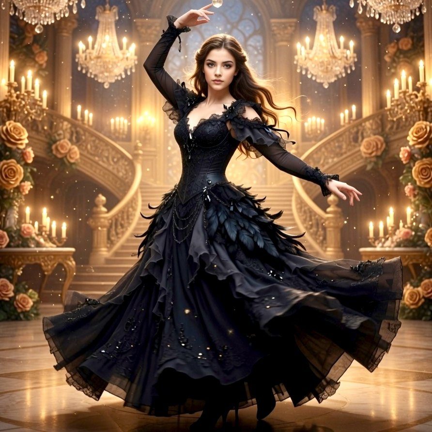 A woman in a black gothic-style ball gown dances gracefully in a grand ballroom with chandeliers and ornate staircases.
