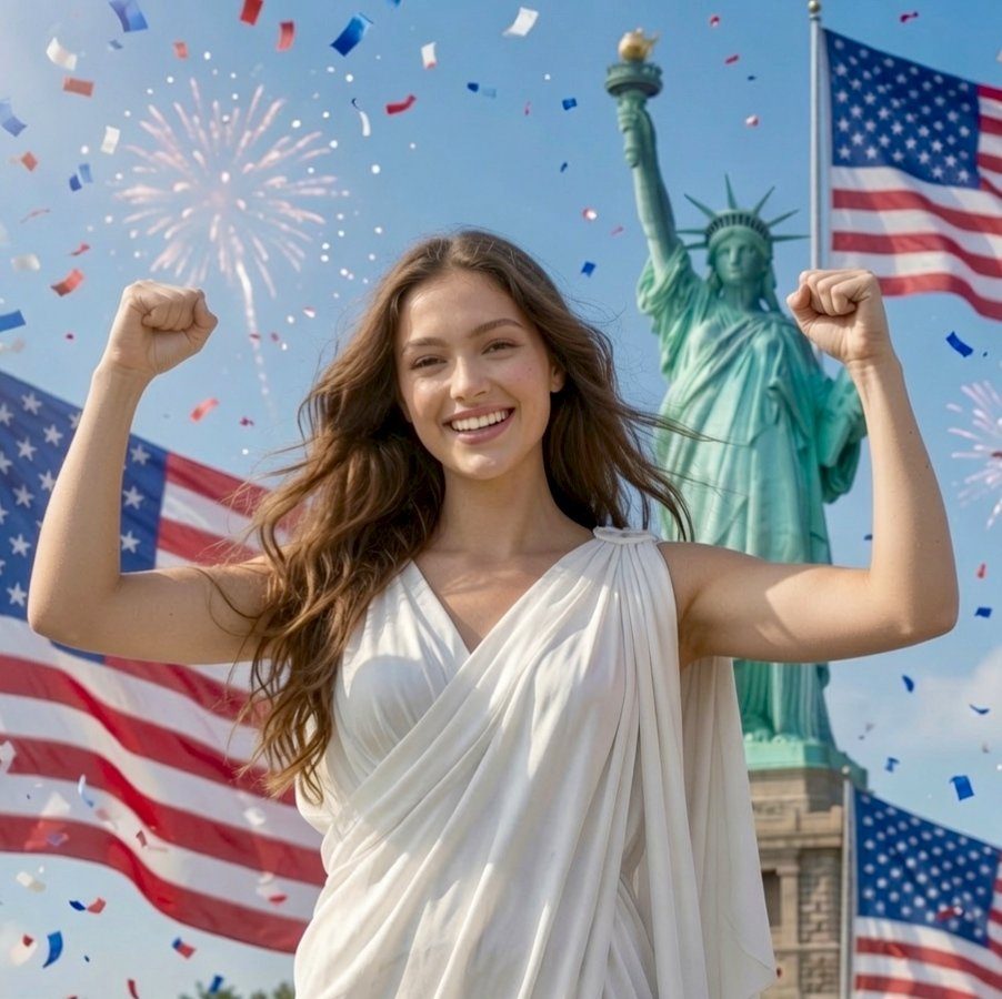A young woman in a white dress celebrates Independence Day with the Statue of Liberty and American flags in the background, with fireworks and confetti.