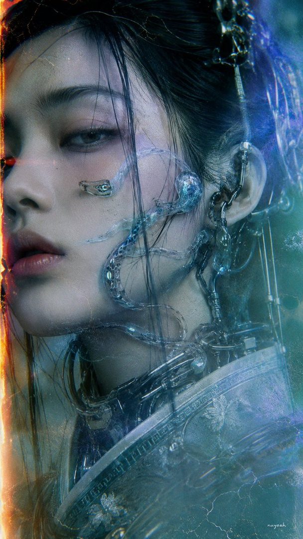 Close-up portrait of a young East Asian woman with cybernetic implants on her face and ear, in a cyberpunk style.