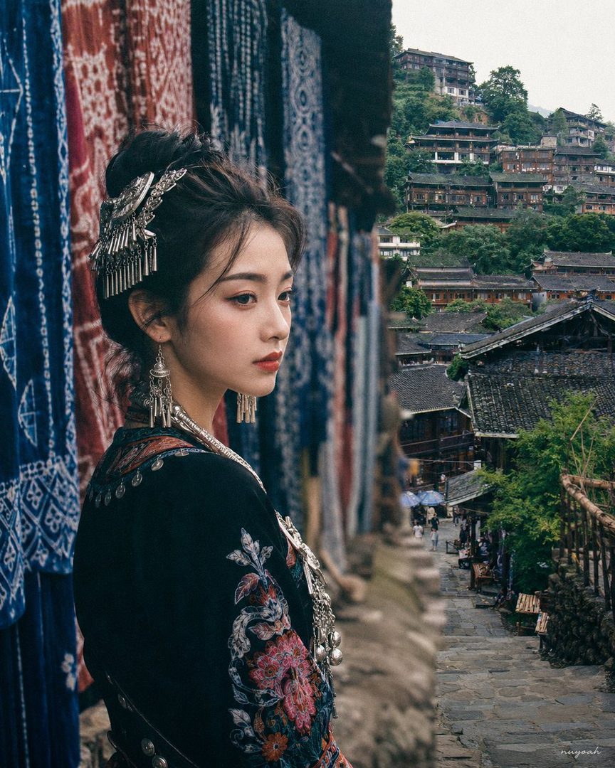 A young East Asian woman with her hair styled up and adorned with traditional jewelry, wearing an embroidered black top, stands in front of colorful textiles with a scenic view of a traditional village on a hillside in the background.