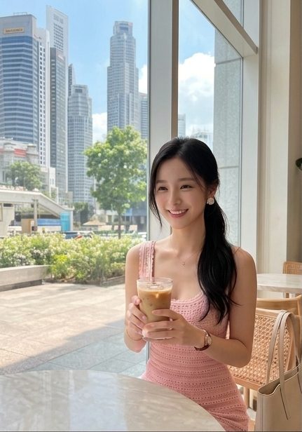 A smiling woman with black hair in a pink knit dress holds an iced coffee in a cafe with a city skyline in the background.